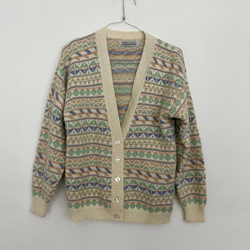 VTG Karen Scott Alpine Cardigan Women's Medium Cream Pastel V Neck Oversized